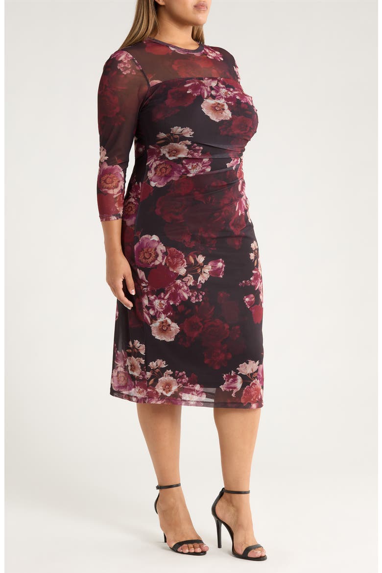 Ruched Long Sleeve Illusion Neck Midi Dress, Alternate, color, MIDNIGHT CHIANTI MULTI