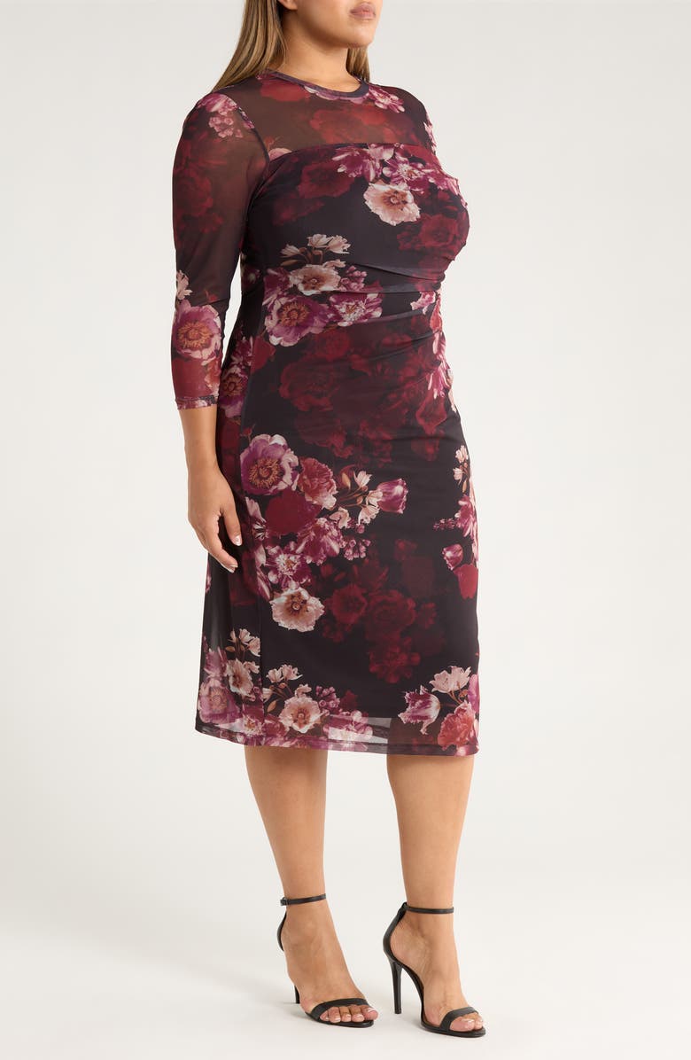 Anne Klein Ruched Long Sleeve Illusion Neck Midi Dress, Alternate, color, Midnight Chianti Multi