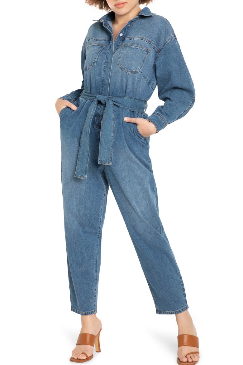 Long Sleeve Denim Jumpsuit, Main, color, MEDIUM WASH