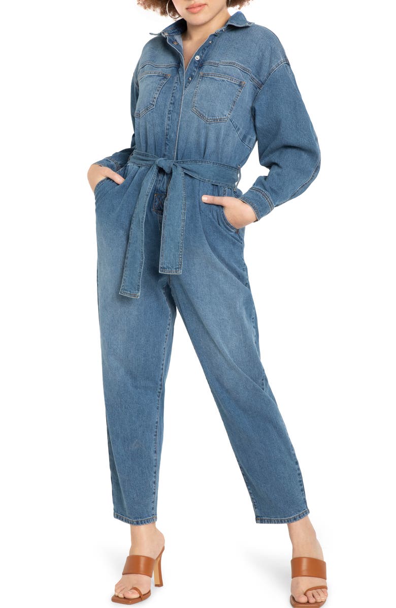 ELOQUII Long Sleeve Denim Jumpsuit, Main, color,