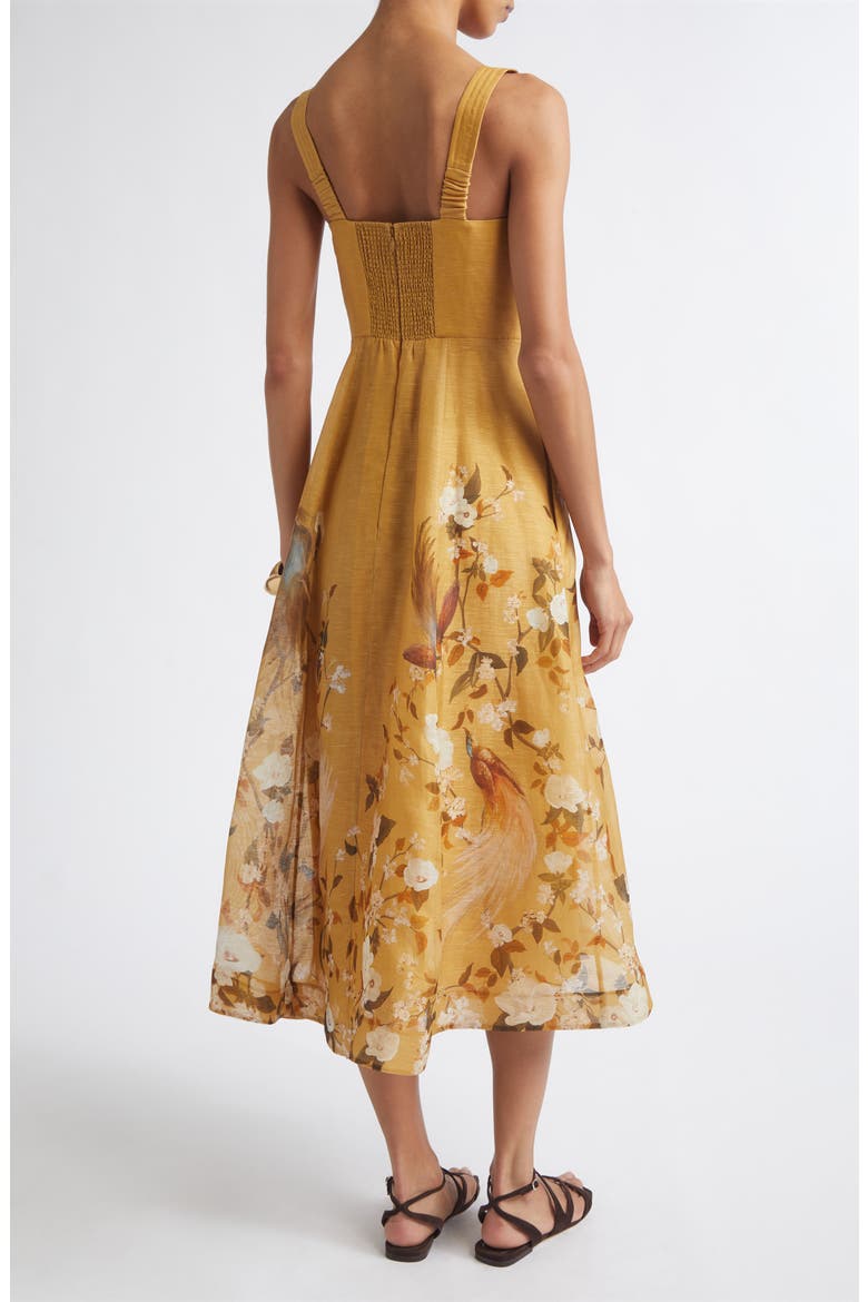 Momentum Floral Corded Linen & Silk Organza Midi Dress, Alternate, color, GOLD BIRD FLORAL