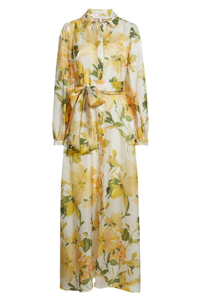 Floral Long Sleeve Tie Belt Organza Cocktail Shirtdress, Alternate, color, YELLOW MULTI