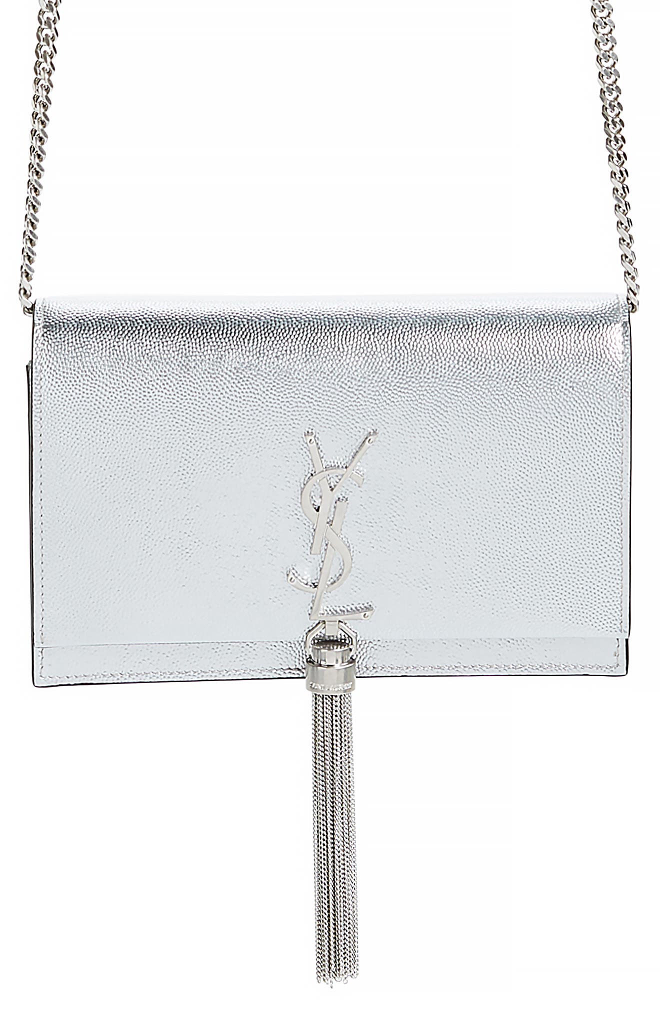 Kate Metallic Leather Wallet on a Chain, Main, color, ARGENTO/ NERO/ NERO