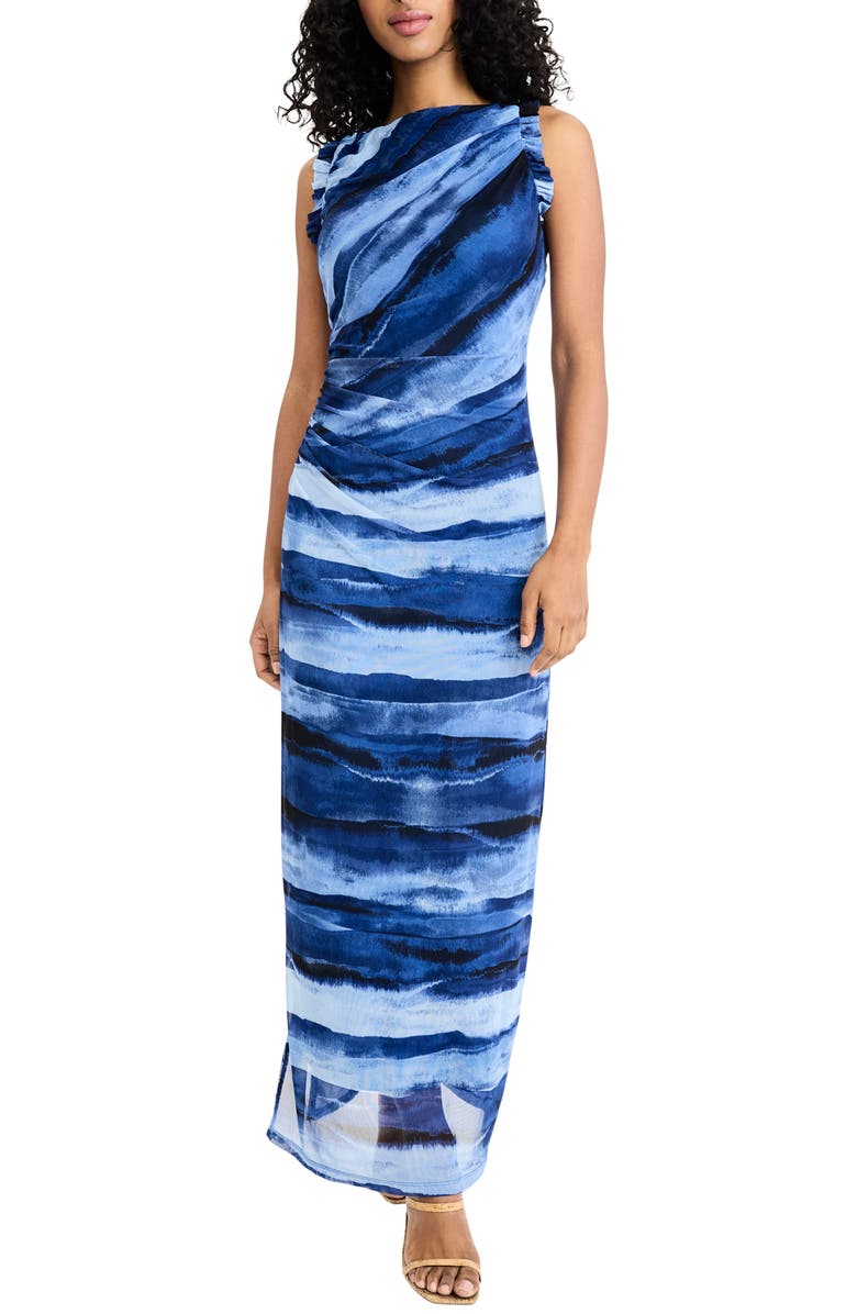 Donna Morgan Ruffle Stripe Sheath Midi Dress, Main, color, Sapphire Blue/ Denim