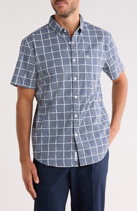 Tiles Print Stretch Cotton Button-Down Shirt