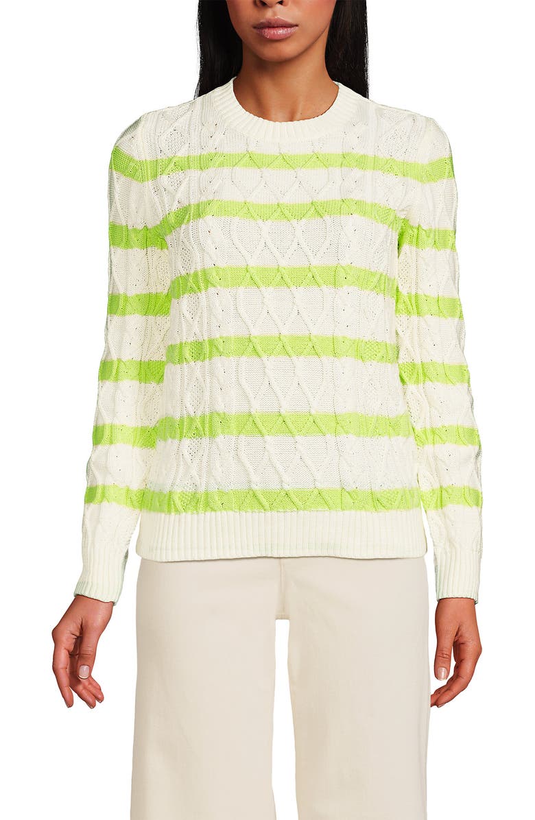 Lands
 End Cotton Drifter Crew Cable Pullover Sweater, Main, color, Ivory/Limoncello Gulf Stripe