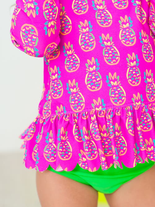 Rufflebutts Girls Upf50+ Sun Protected Scallop Hem Long Sleeve Rash Guard Bikini In Neon Violet Pineapples