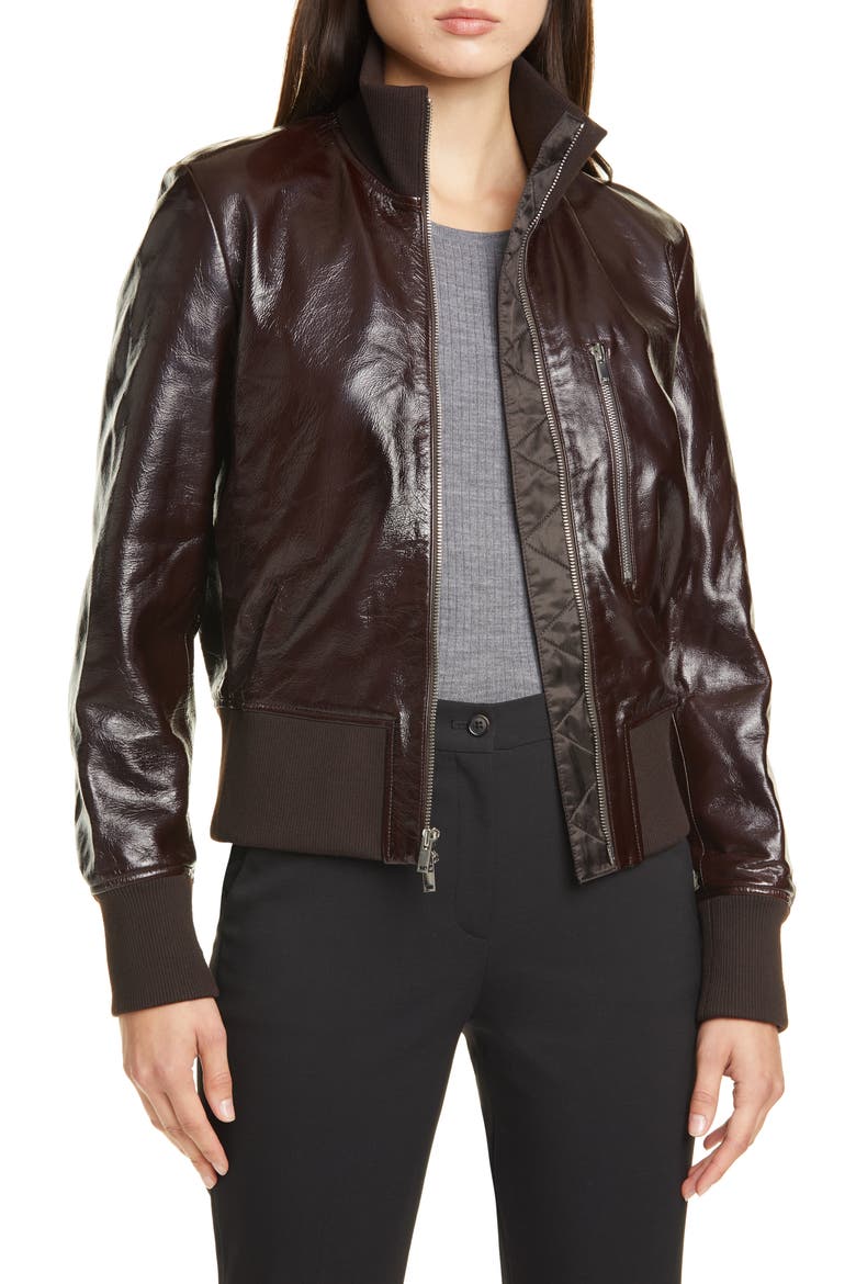 Patent Leather Aviator Bomber Jacket, Main, color, ESPRESSO