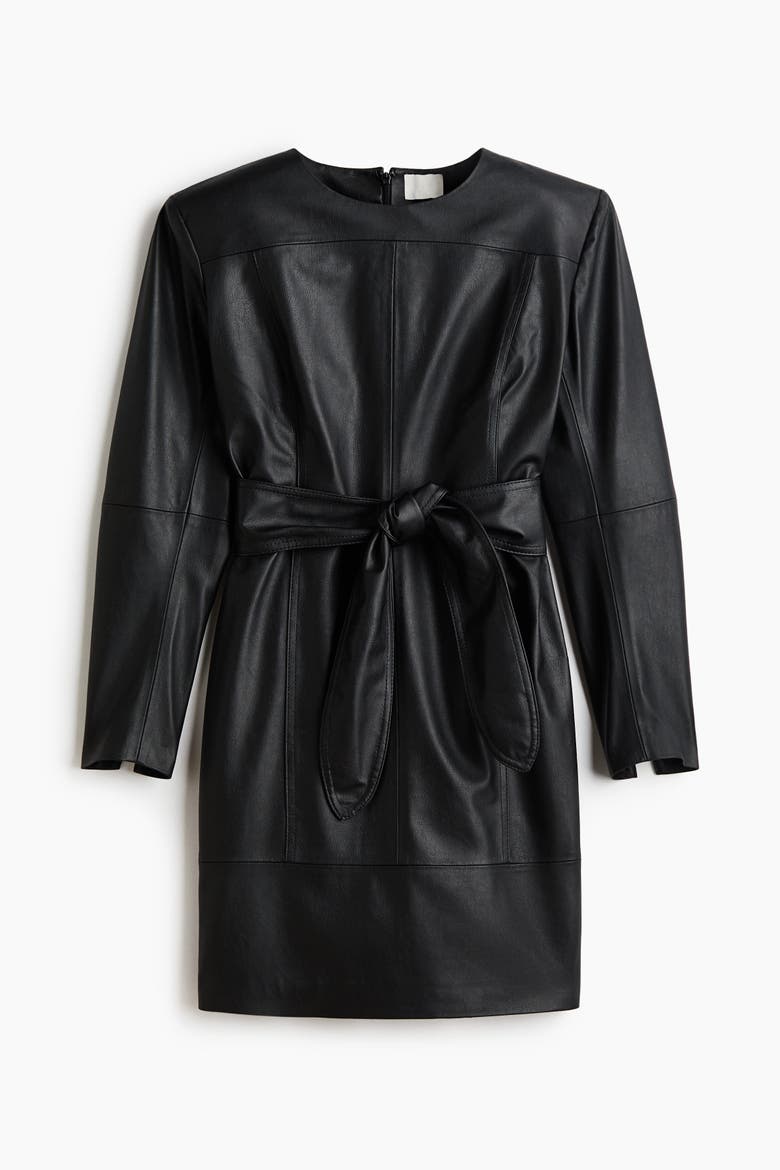 Coated Tie-belt Dress, Alternate, color, Black