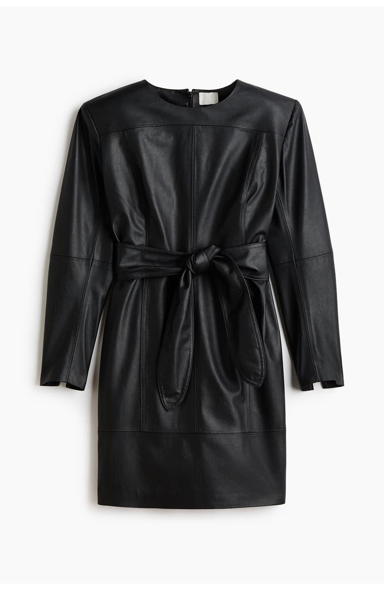 H&M Coated Tie-belt Dress, Alternate, color, Black