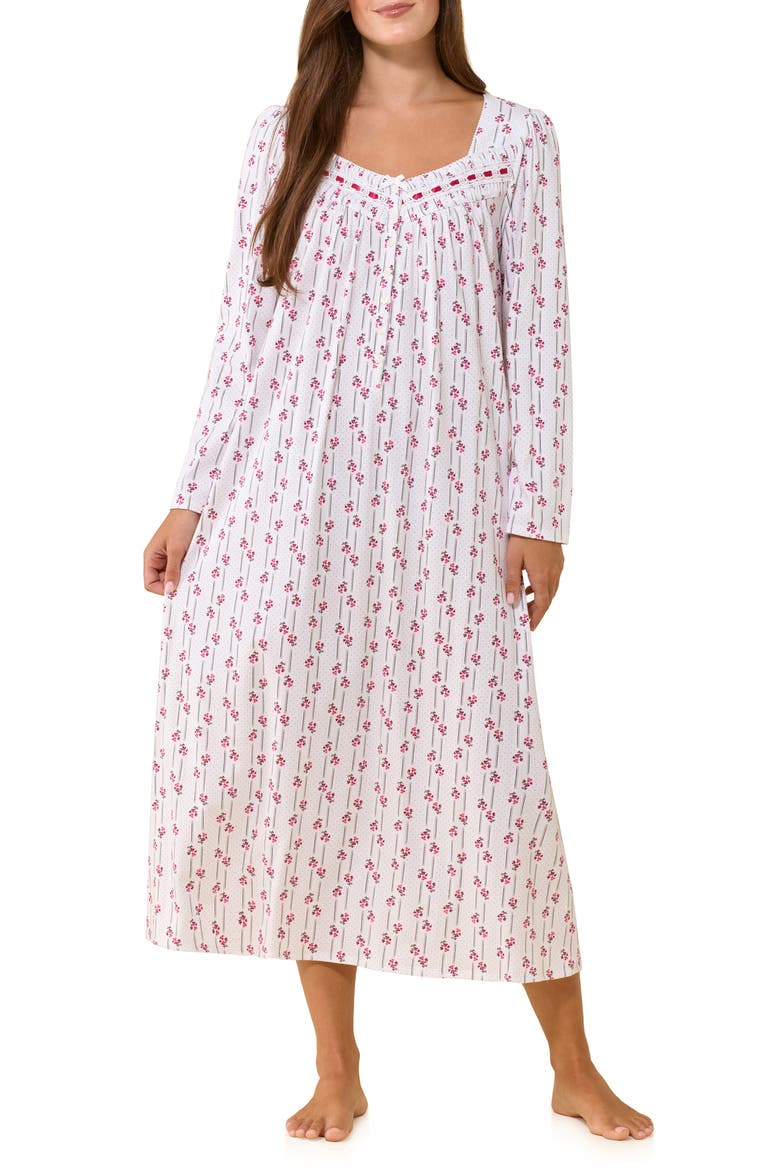 Long Sleeve Cotton Jersey Nightgown, Alternate, color, WHITE FLORAL STRIPE