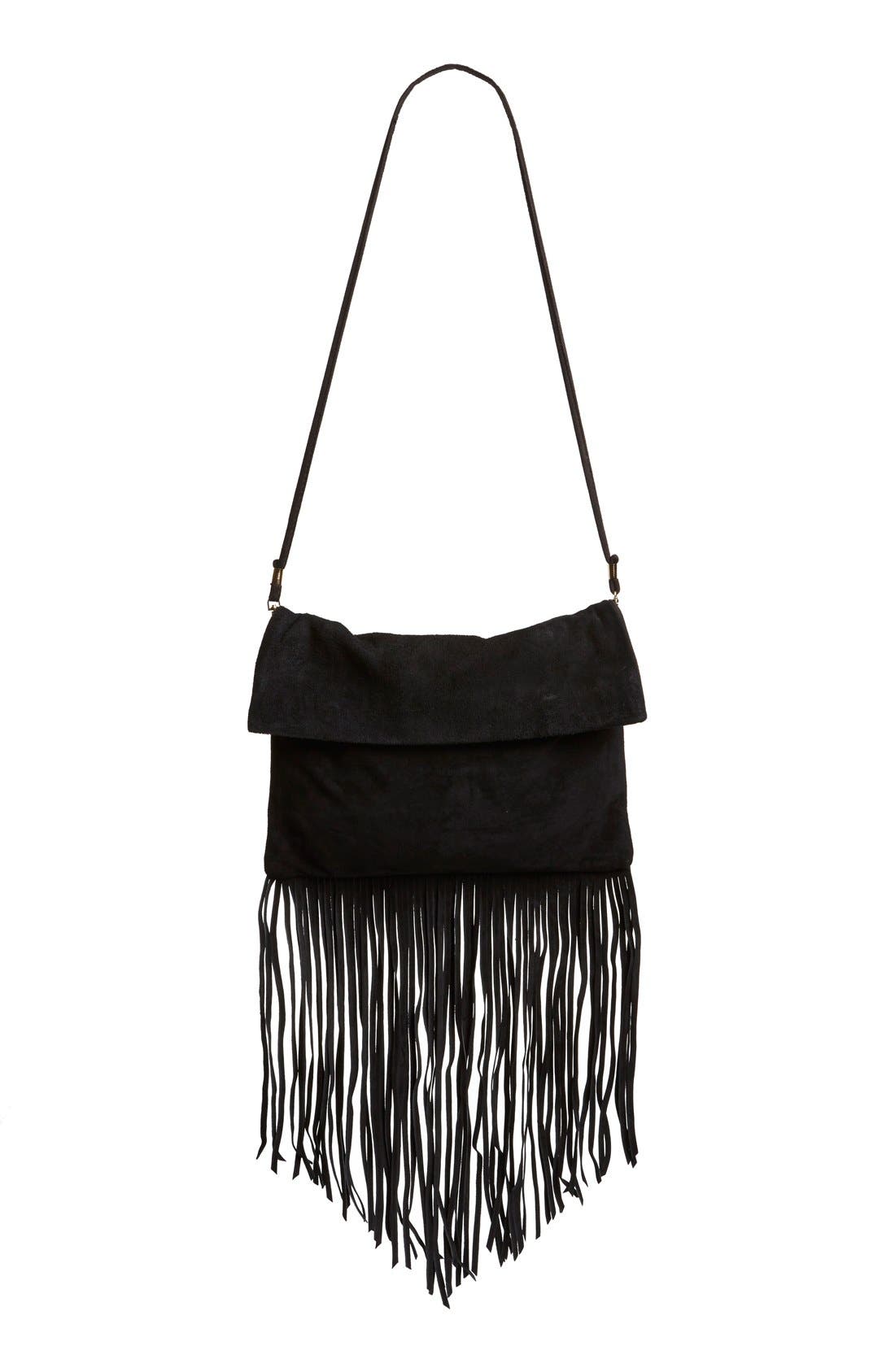 Street Level Suede Fringe Foldover Crossbody Bag, Main, color, Black