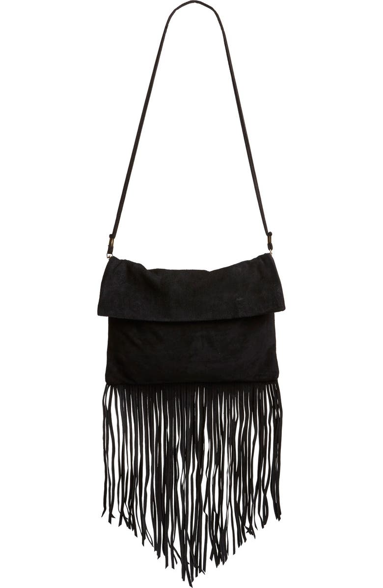 Street Level Suede Fringe Foldover Crossbody Bag, Main, color, Black