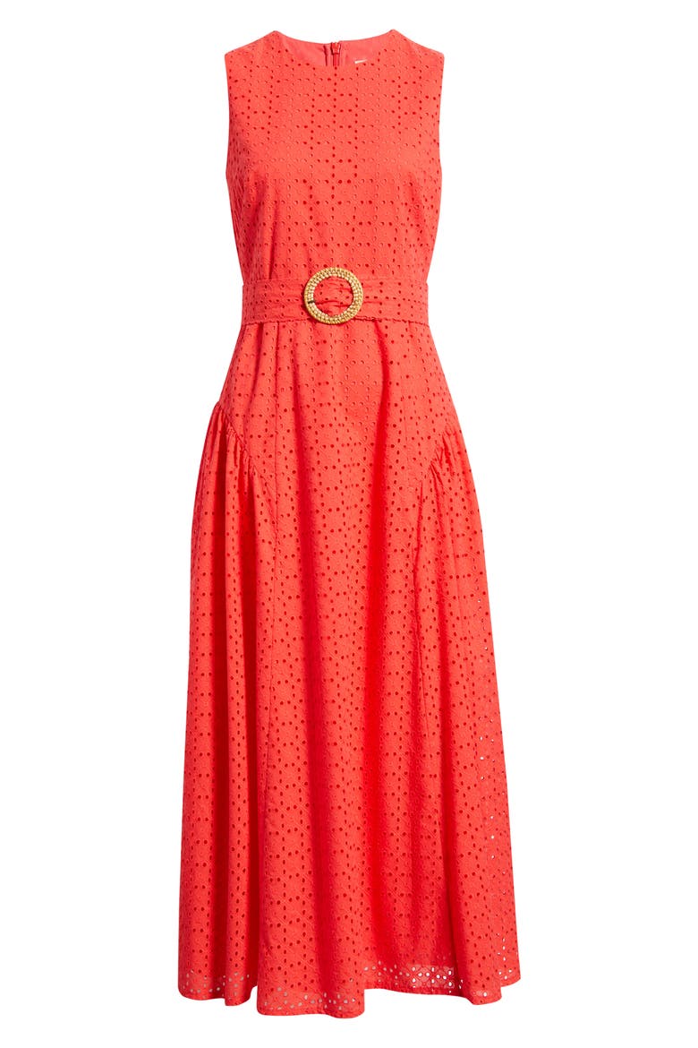 Eyelet Belted Sleeveless Maxi Dress, Alternate, color, CORAL