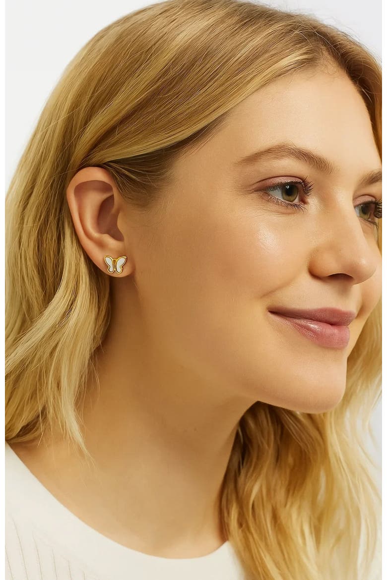 Butterfly Stud Earrings Featuring Mother of Pearl Inlay, Alternate, color, Gold