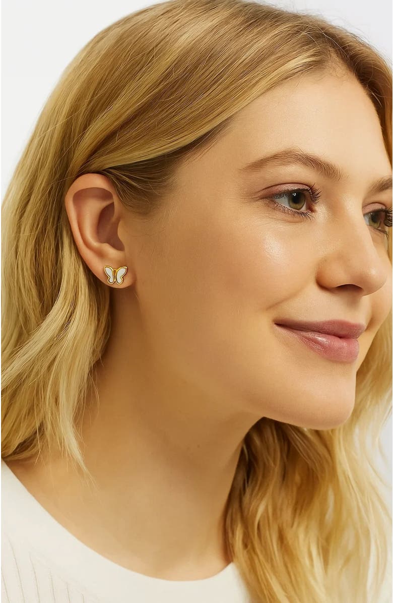 Hollywood Sensation Butterfly Stud Earrings Featuring Mother of Pearl Inlay, Alternate, color, Gold