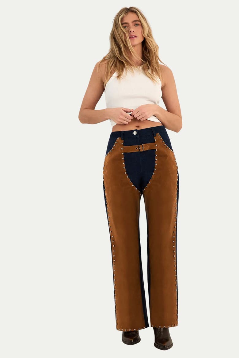 Denim Studded Suedette Mix Chap Jean, Alternate, color, Indigo