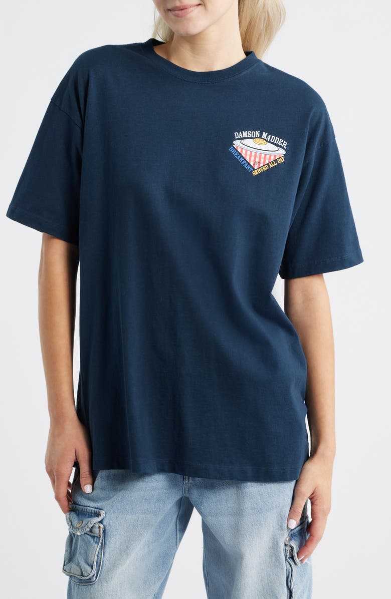Damson Madder All Day Breakfast Oversize Organic Cotton Graphic T-Shirt, Main, color, Navy