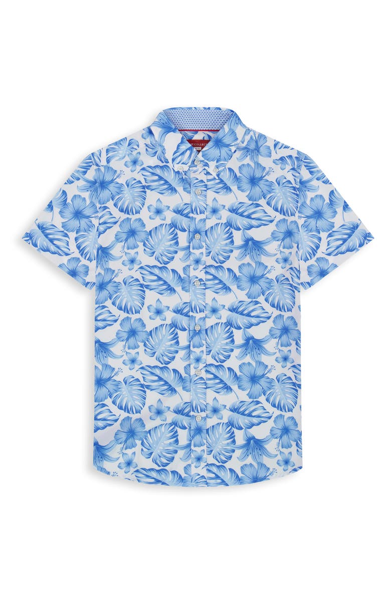 Report Collection Tropical Print Short Sleeve 4-Way-Stretch Button-Down Shirt, Alternate, color, Blue