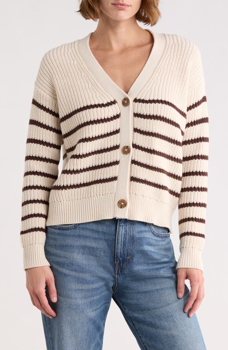 ELIE ELIE TAHARI Stripe V-Neck Cotton Cardigan, Main, color, Cream/ Cocoa Bean