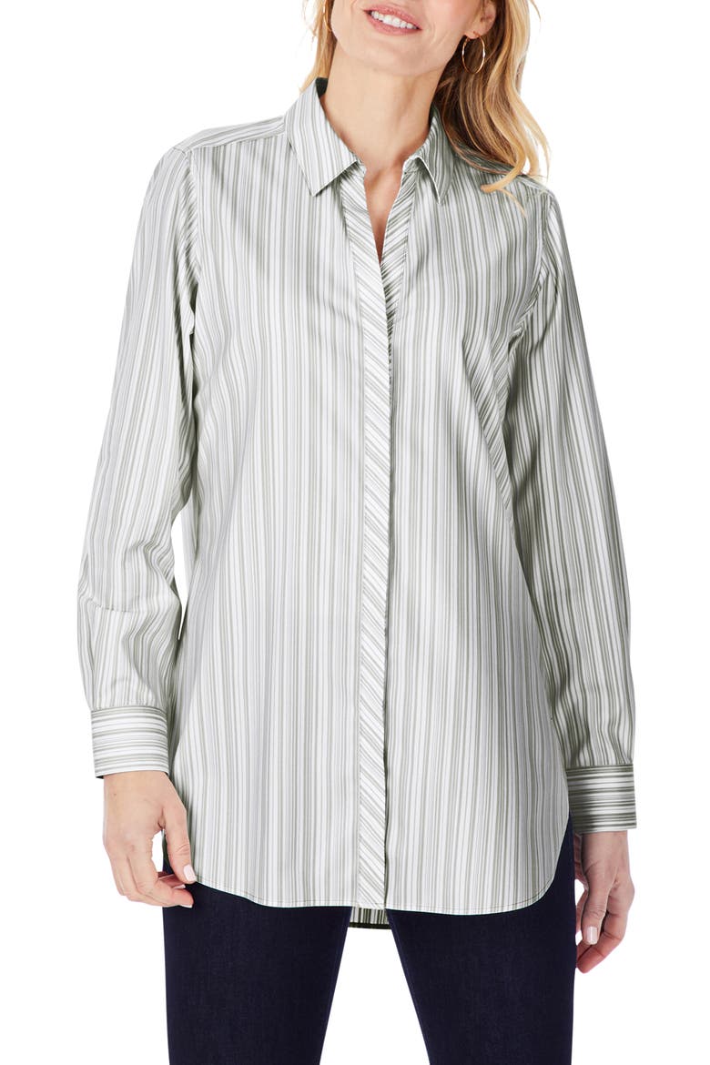 Vera Modern Mini Stripe Stretch Cotton Blend Shirt, Main, color, AUTUMN IVY