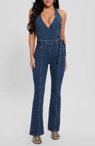 GUESS Claire Halter Neck Denim Jumpsuit