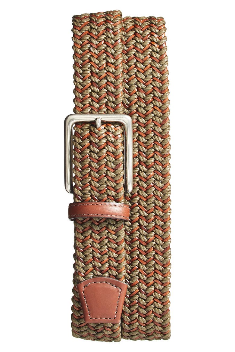Woven & Leather Belt, Main, color, OLIVE/ COGNAC