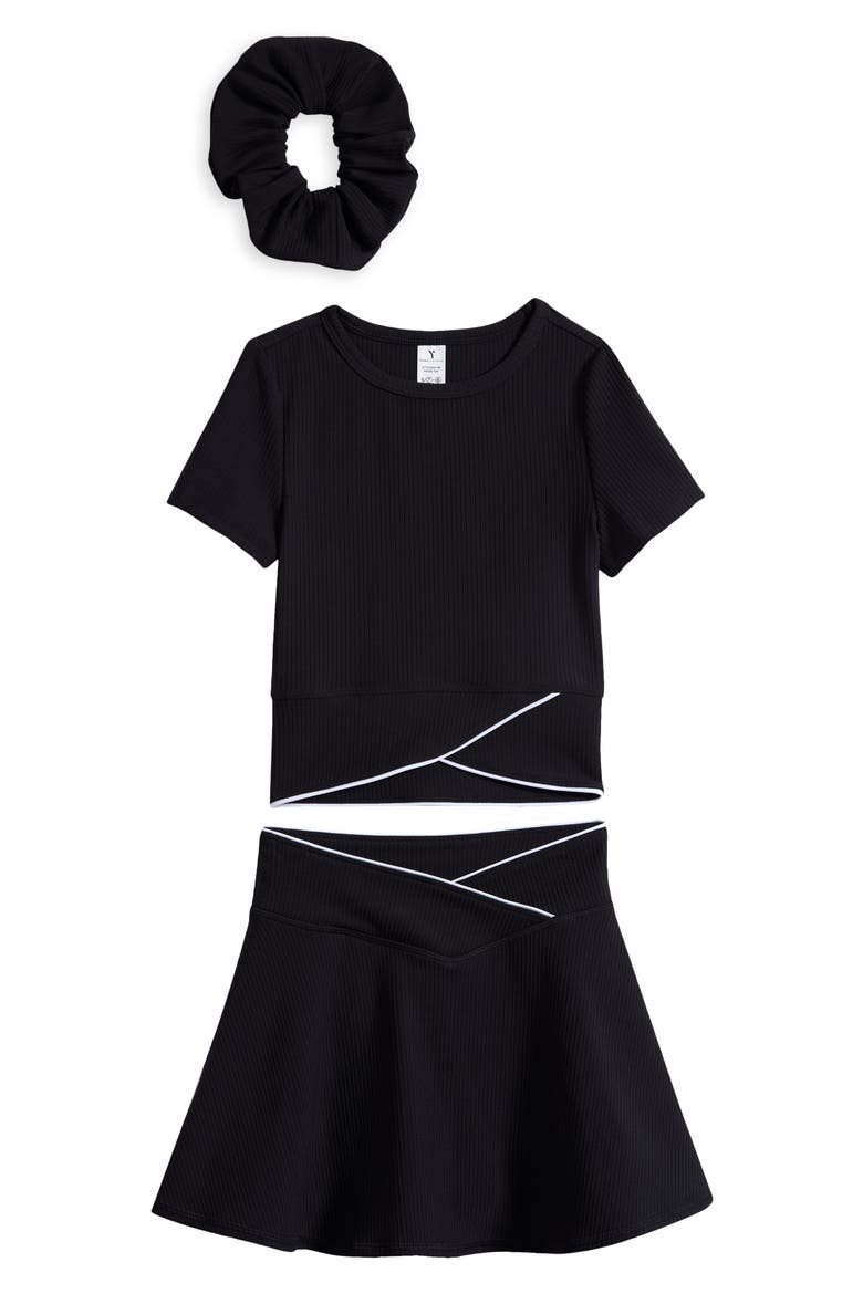 Kids' Ottoman Rib Top, Skirt & Scrunchie Set, Main, color, BLACK/ WHITE