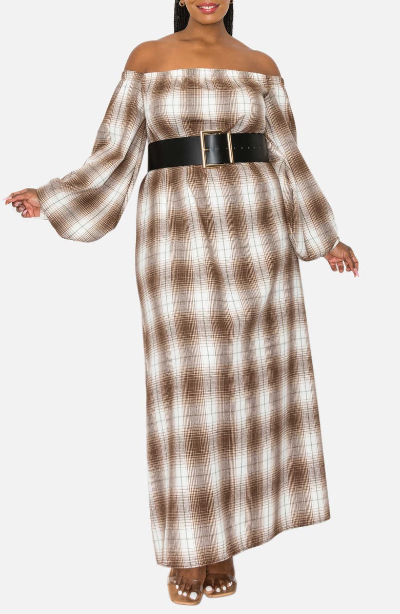 L I V D Zoe Plaid Long Sleeve Off the Shoulder Maxi Dress, Alternate, color,