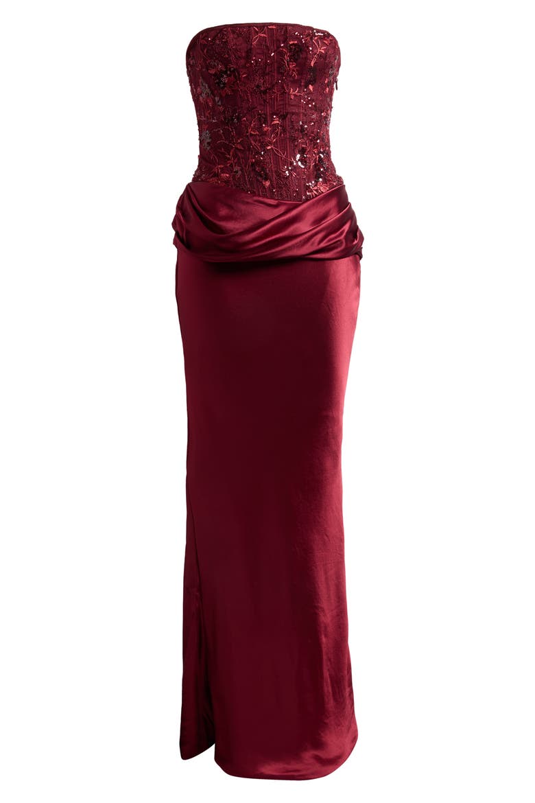 Samina Embellished Satin Strapless Maxi Dress, Main, color, CABERNET