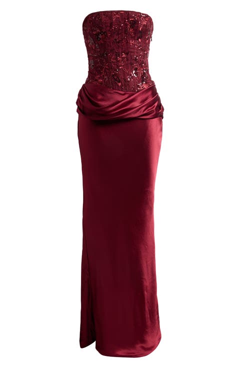 Samina Embellished Satin Strapless Maxi Dress