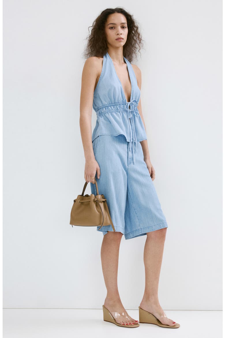 Eva Tie Front Halter Denim Top, Alternate, color, LIGHT BLUE
