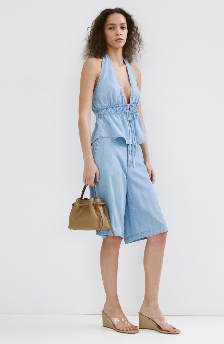 MANGO Eva Tie Front Halter Denim Top, Alternate, color, Light Blue