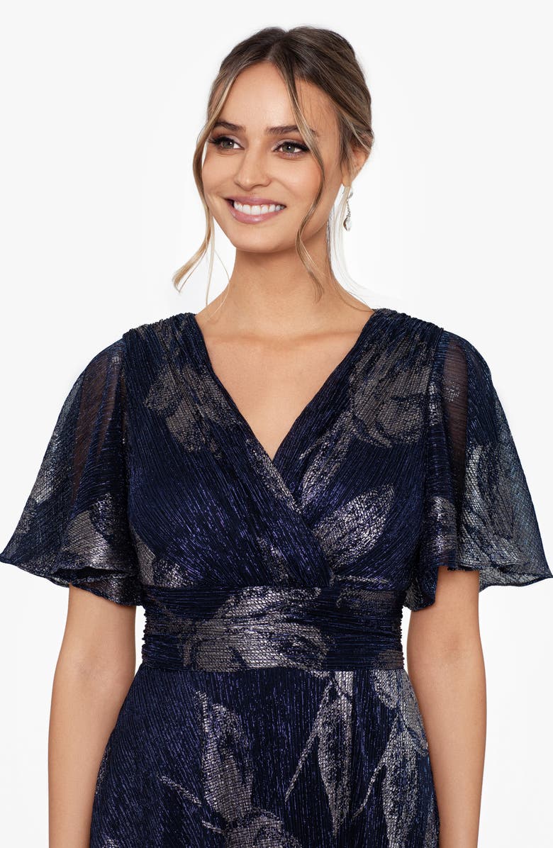 Betsy & Adam Foil Print Flutter Sleeve Gown, Alternate, color, 