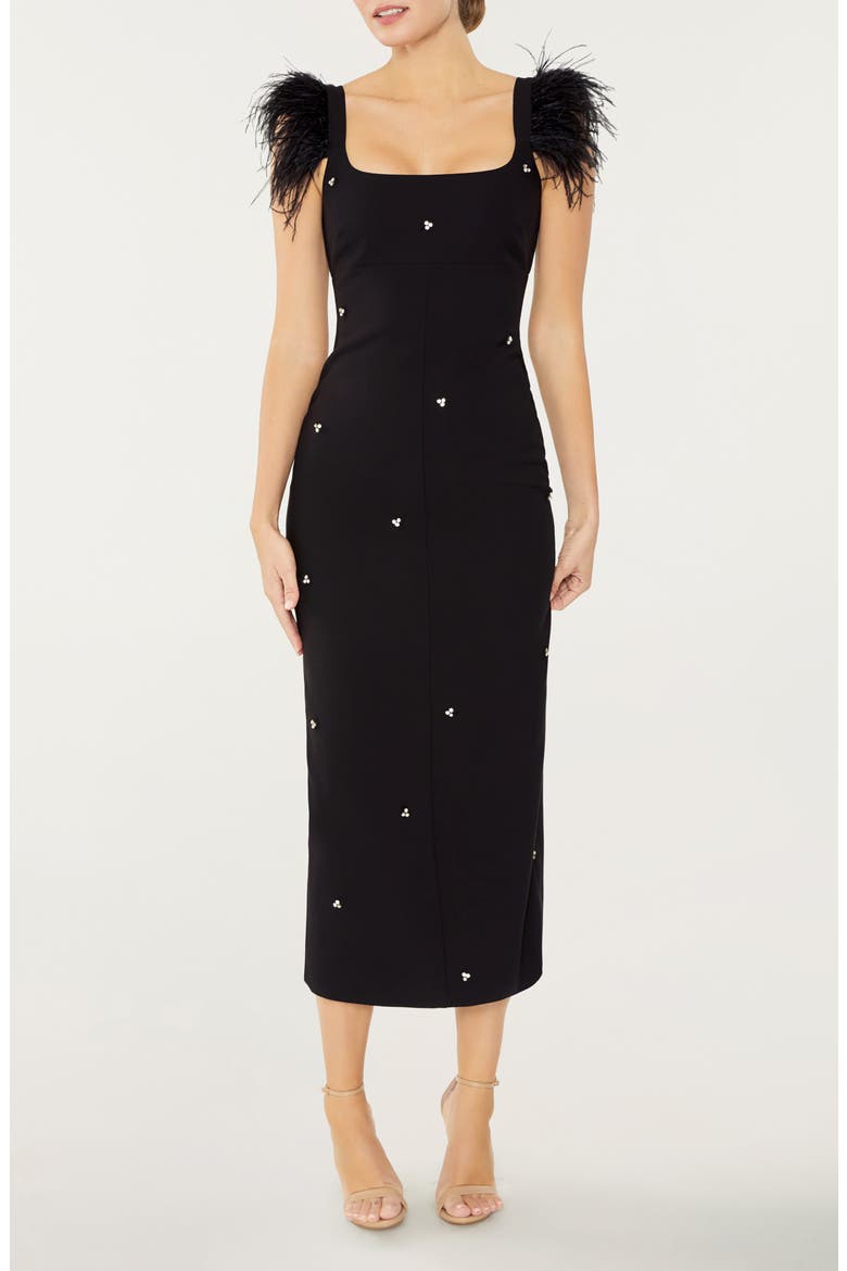 Cameron Feather Cap Sleeve Gown, Main, color, BLACK