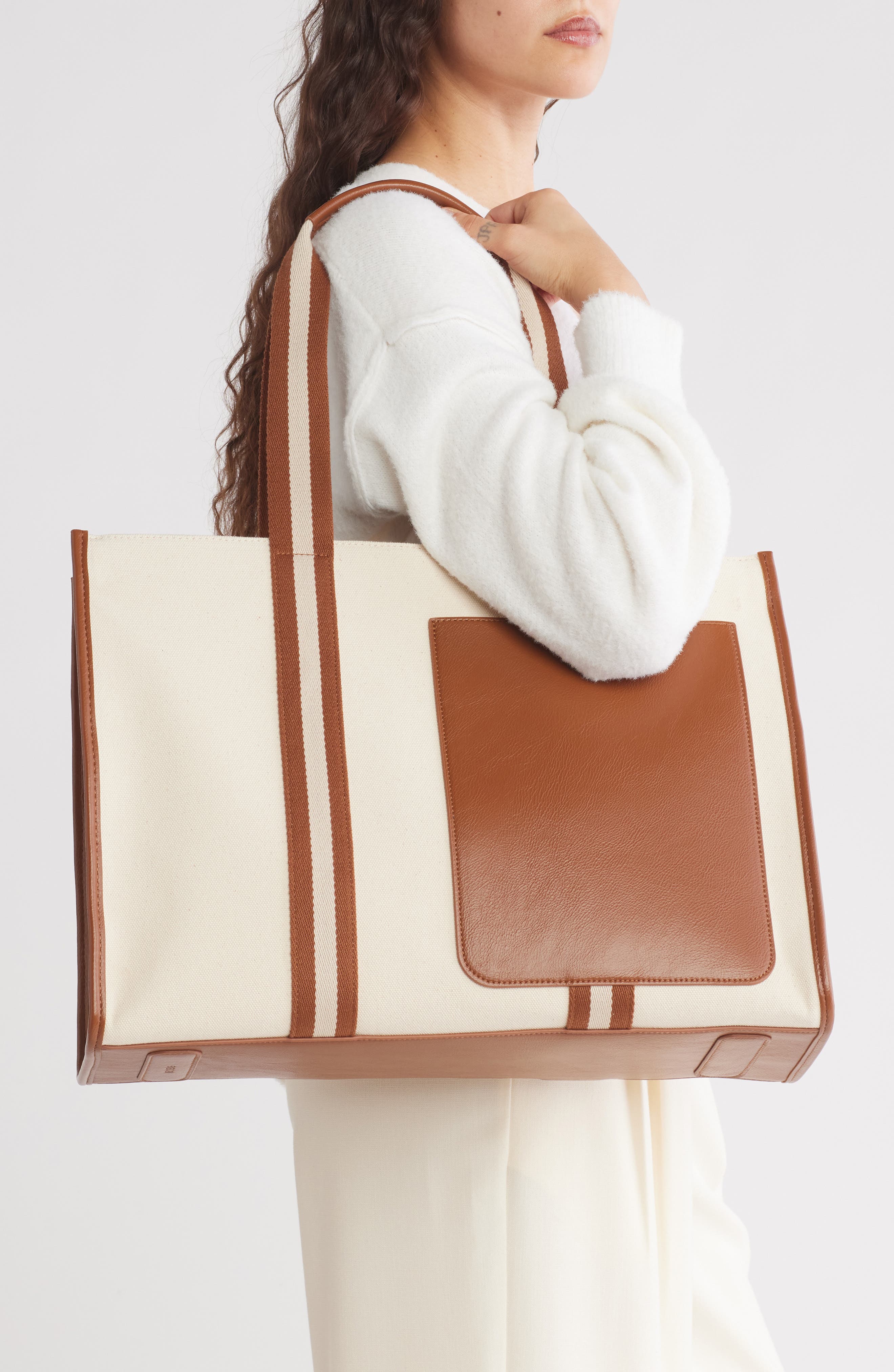 BCBG Contrast Pocket Canvas Tote Bag, Alternate, color, 