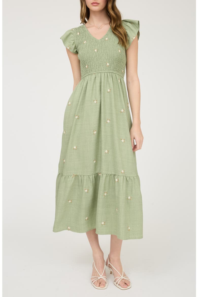 Floral Embroidered Cap Sleeve Midi Dress, Main, color, OLIVE GREEN