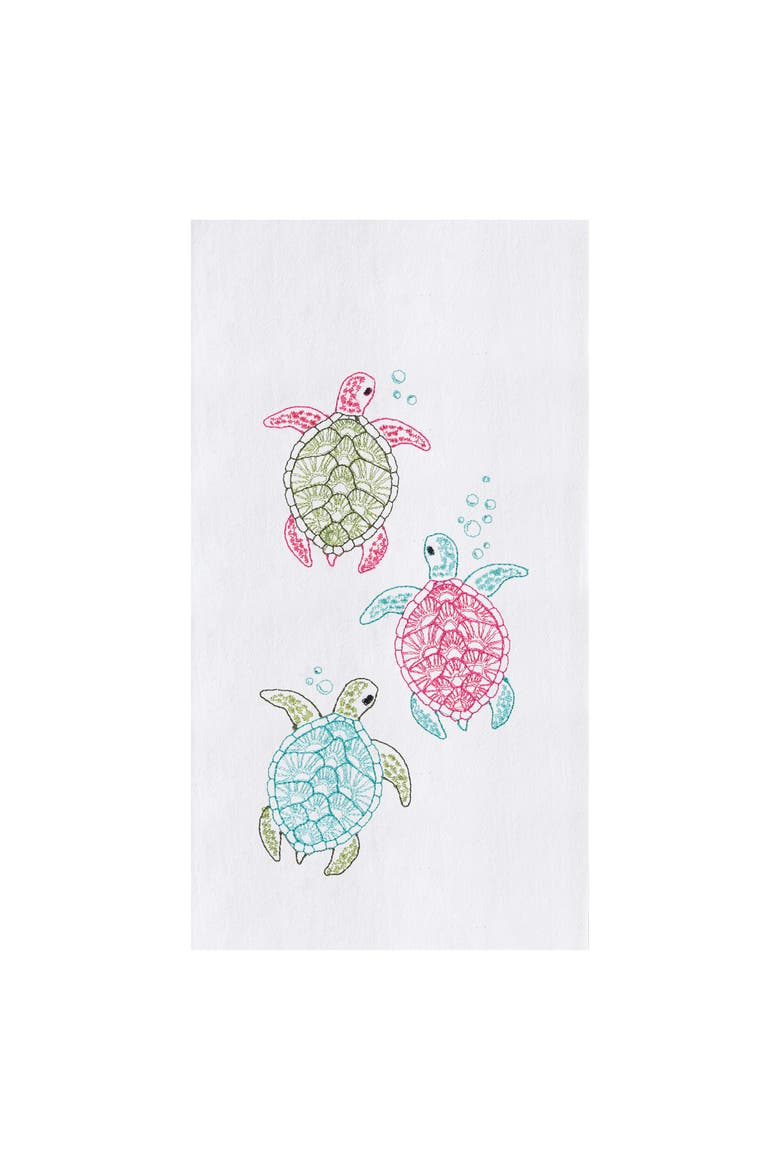 Rainbow Turtle Embroidered Cotton Flour Sack Kitchen Towel Dishtowel, Main, color, White
