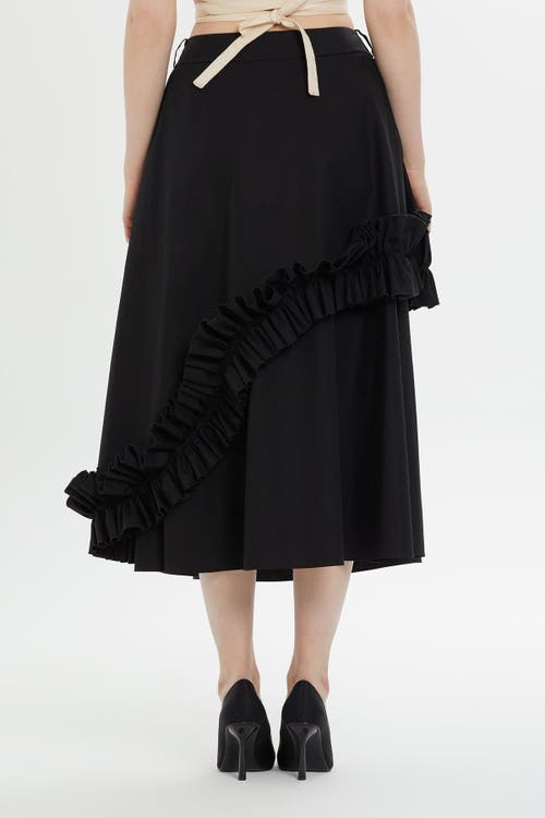 Gizia Asymmetric Ruffle Detail Black Midi Skirt In Black