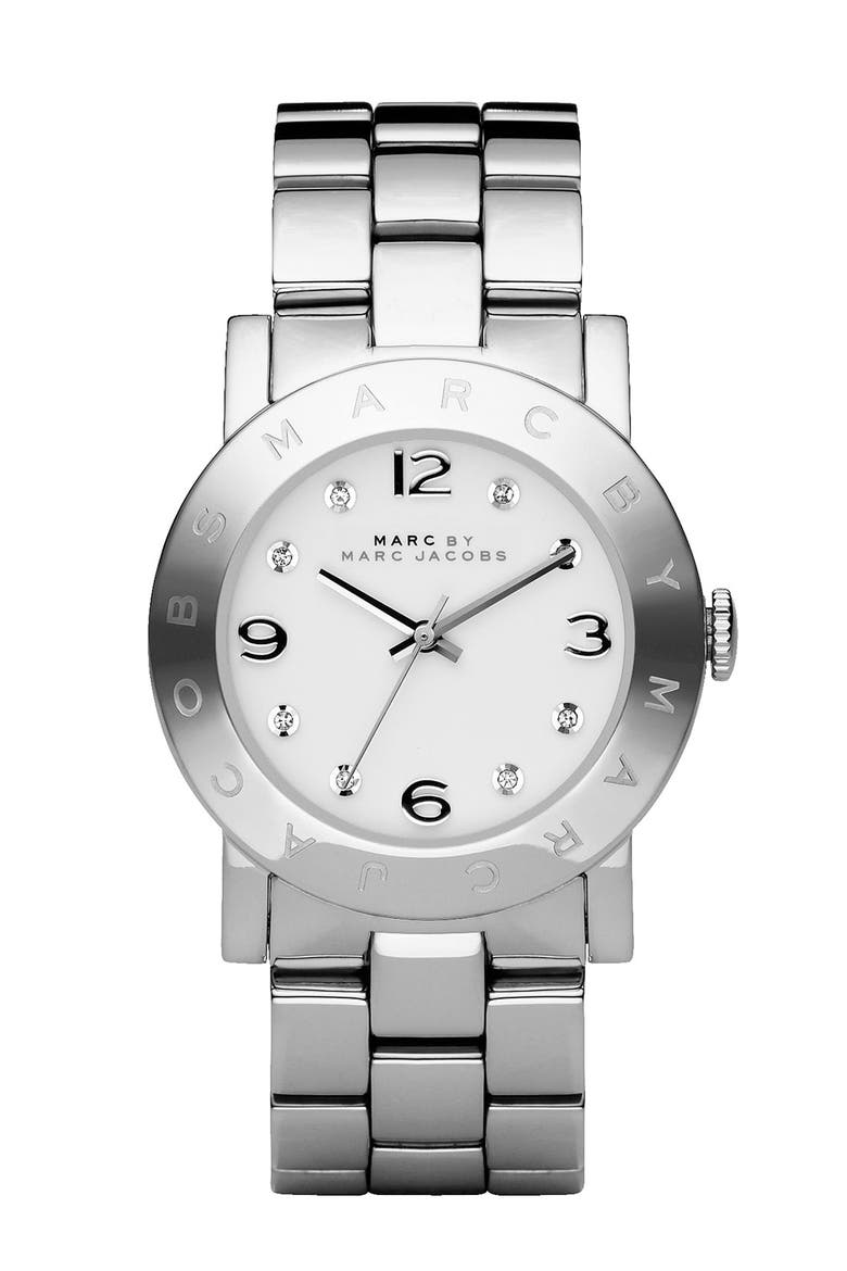 'Amy' Crystal Bracelet Watch, 36mm, Main, color, SILVER