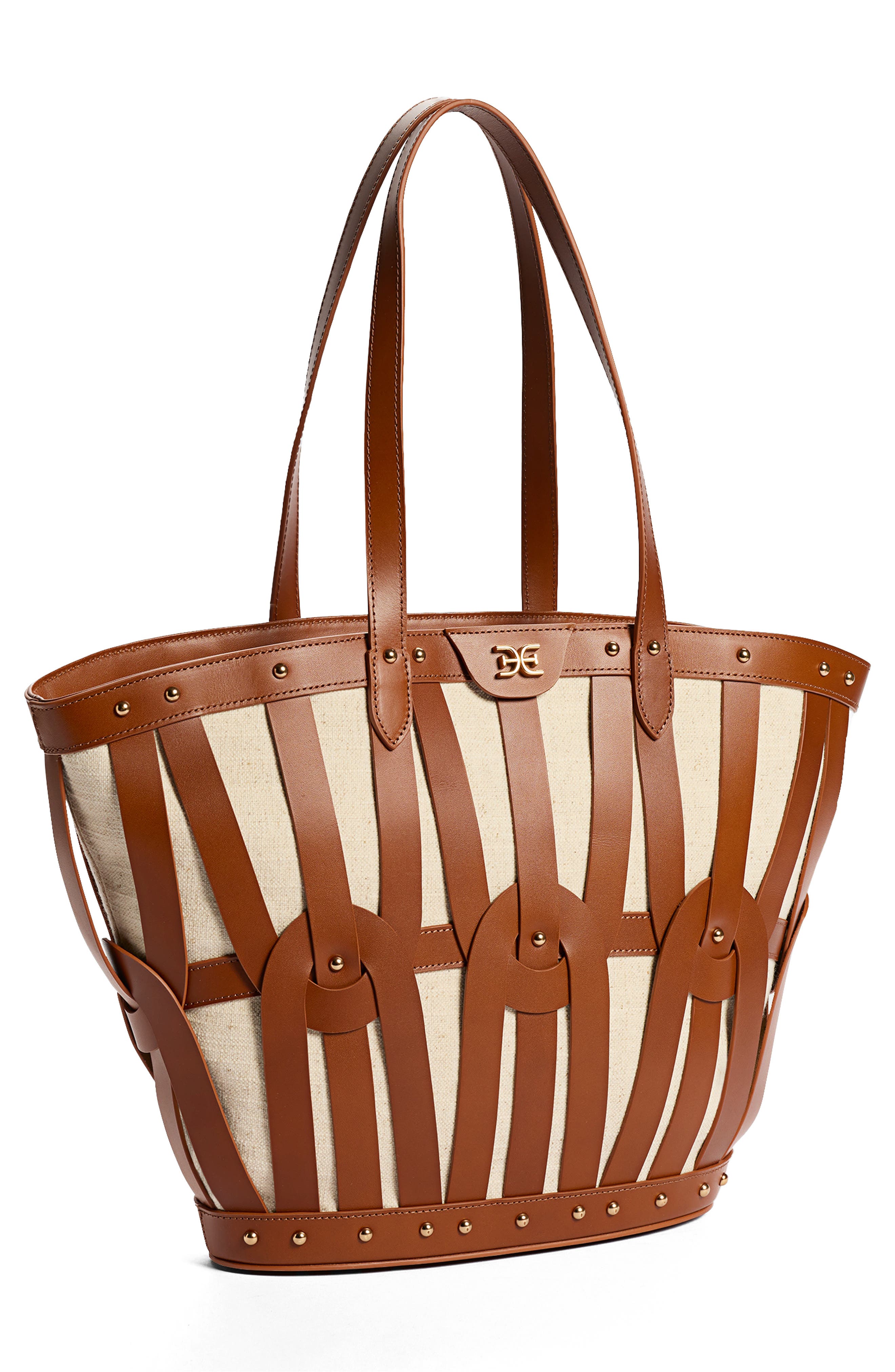 Sam Edelman Large Bay Dye Cut Leather & Canvas Tote, Alternate, color, Cognac