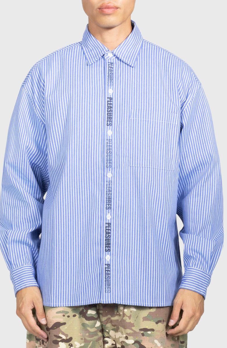 PLEASURES Impact Logo Stripe Cotton Blend Button-Up Shirt, Main, color, Blue
