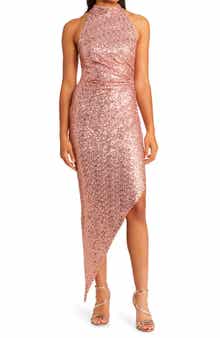 Mock Neck Asymmetric Hem Cocktail Dress