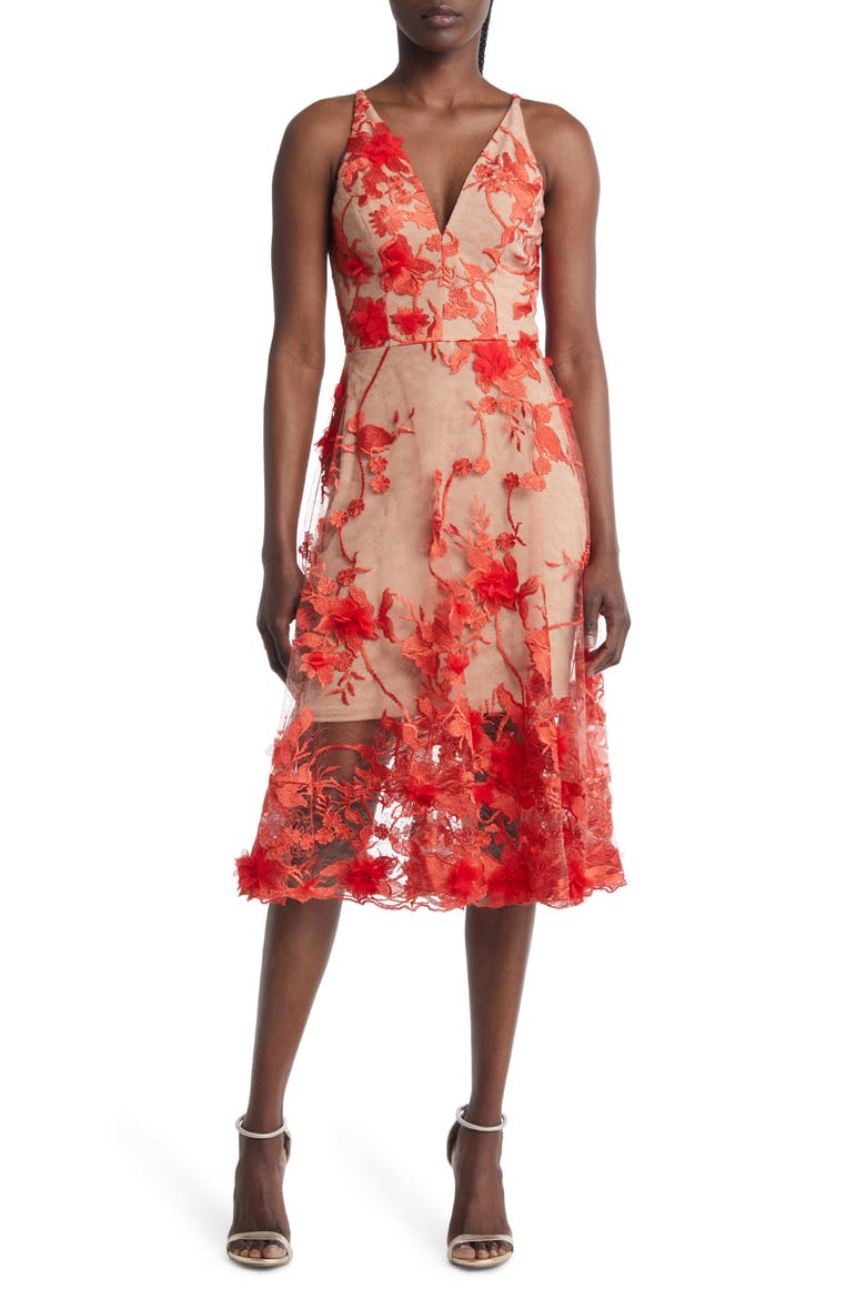 Audrey Embroidered Fit & Flare Dress, Main, color, POPPY