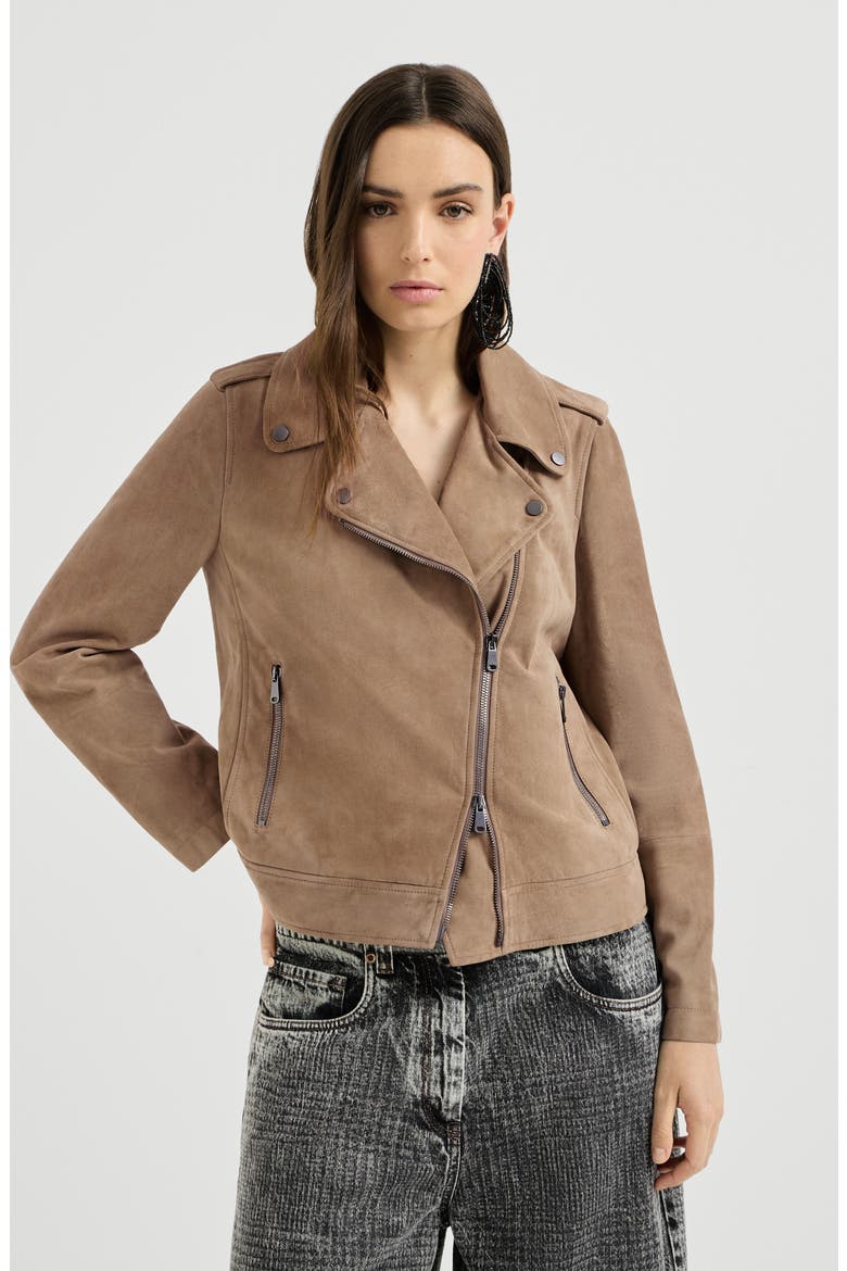 Suede biker jacket with monili, Main, color, Hazelnut