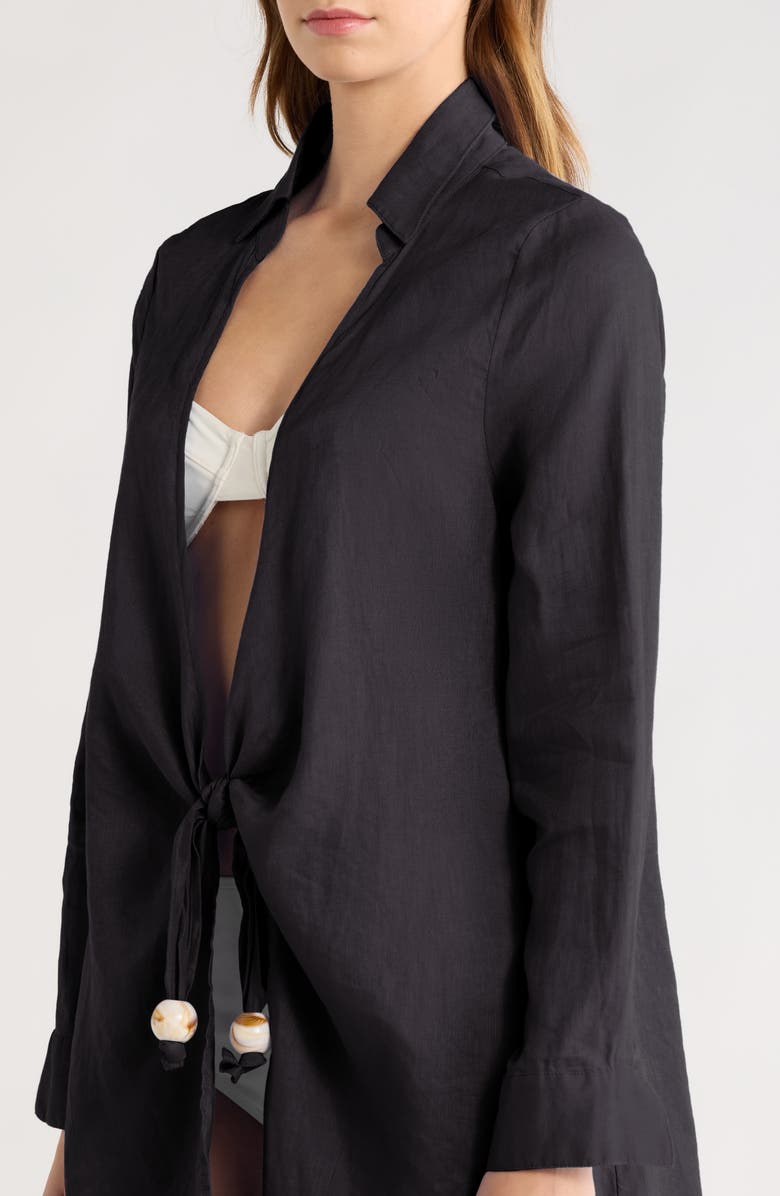 Elan Tie Front Long Sleeve Linen Cover-Up, Alternate, color, Black