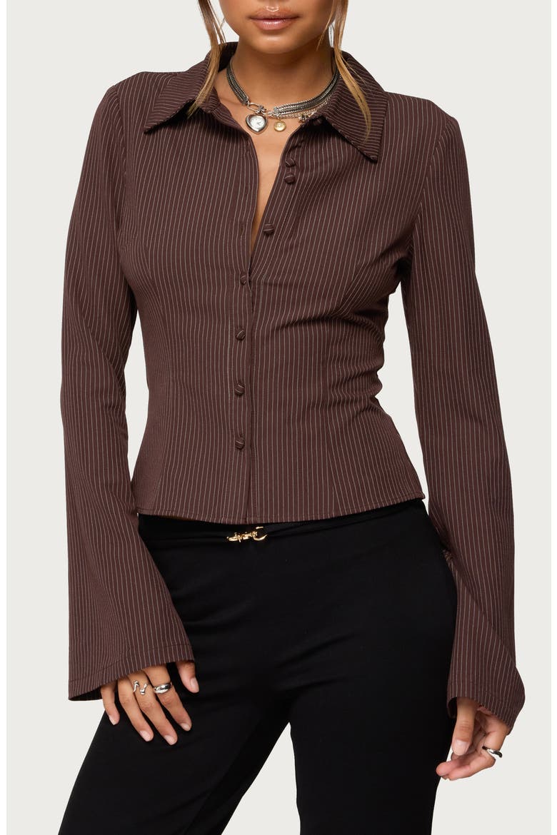 Pinstripe Tailored Button-Up Shirt, Main, color, BROWN