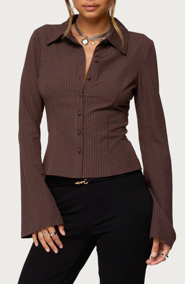 EDIKTED Pinstripe Tailored Button-Up Shirt, Main, color, Brown