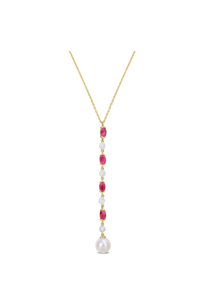 Ruby Cultured Pearl Diamond Lariat Necklace 10k, Main, color, Ruby