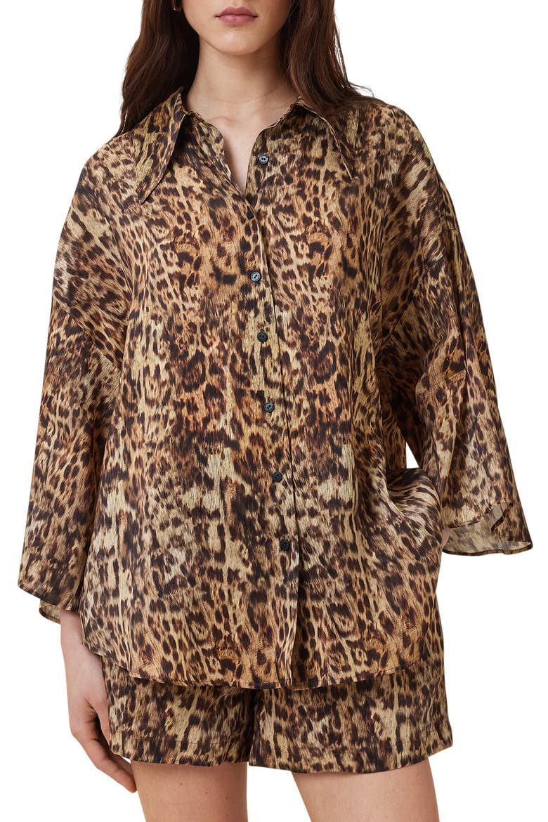 Charli Leopard Print Linen & Silk Button-Up Shirt, Main, color, EVIA GOLDEN BROWN
